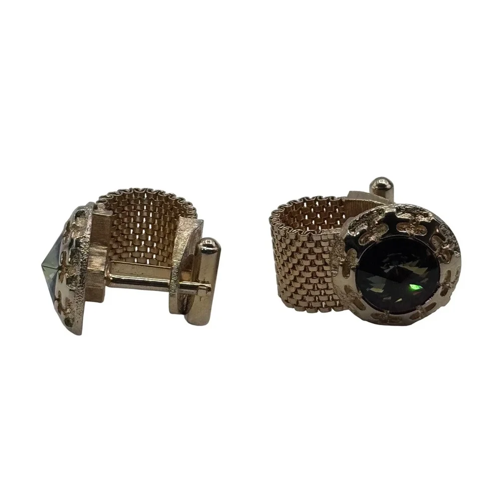 Vintage‎ Gold Tone Mesh Wrap Cufflinks Smoky Rhinestone Statement Men's